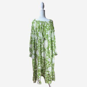 Ava & Viv Boho Maxi Dress 3X Green White Floral Smocked NWOT